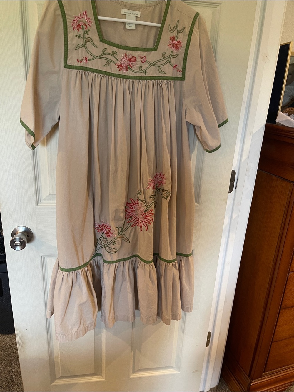 Embroidered Cream-Pink Floral Kids Casual Dress with Green Trim